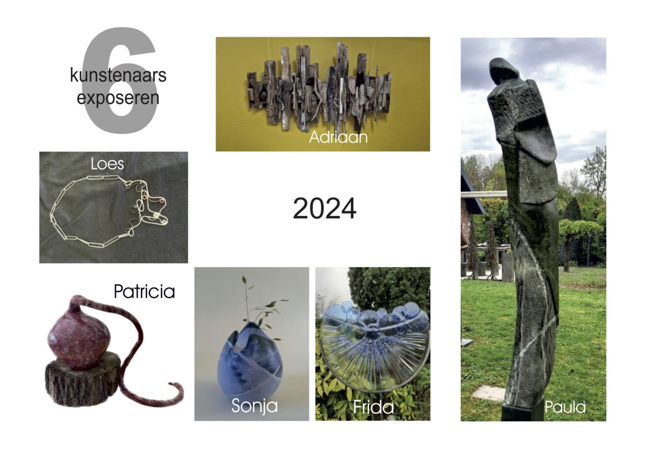 Expositie van 6 kunstenaars, 2 weekenden (28/6-30/6 en 5/7-7/7 2024) in de tuin en atelier van Paula Withagen
